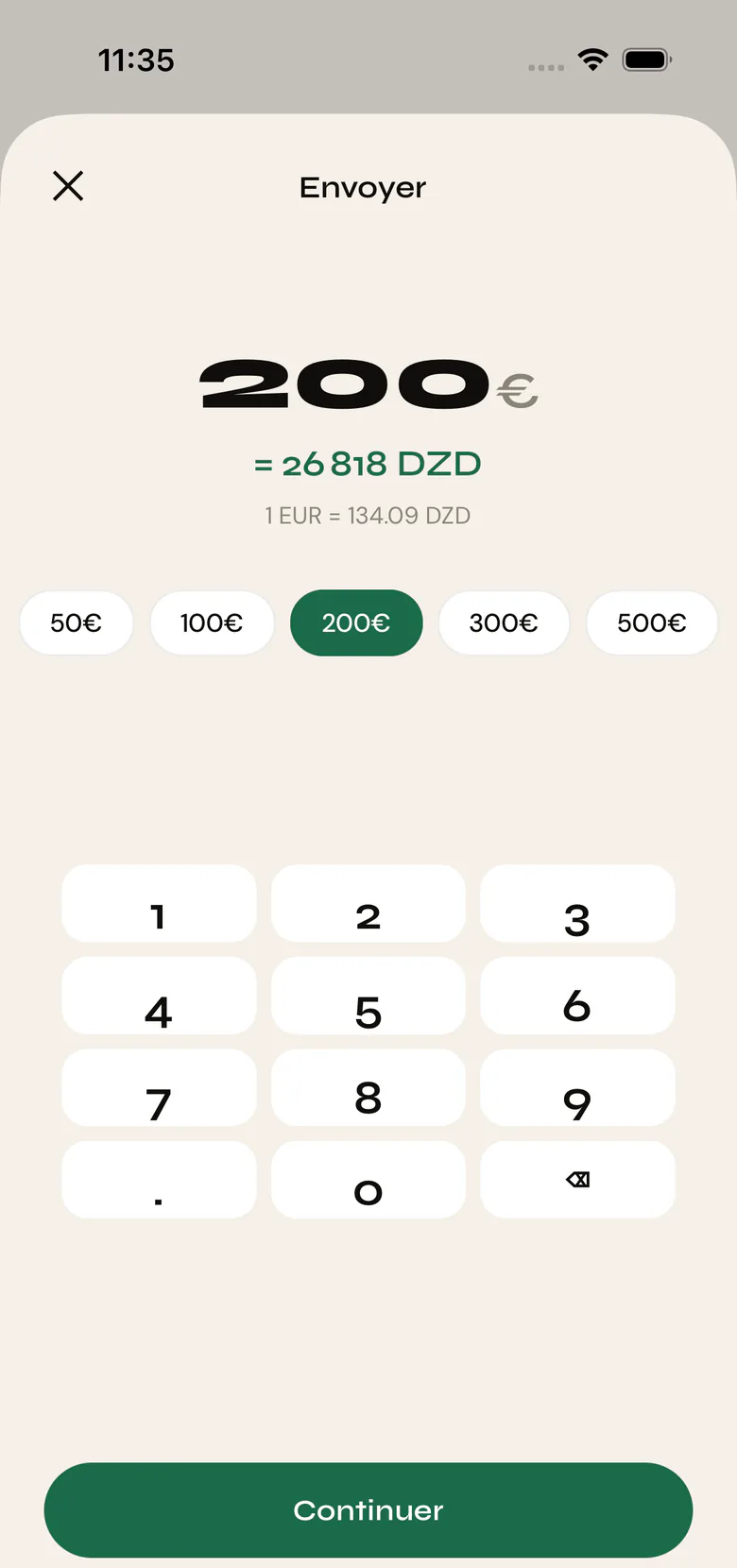 Envoi de 200€ avec conversion en temps réel — 26 800 DZD