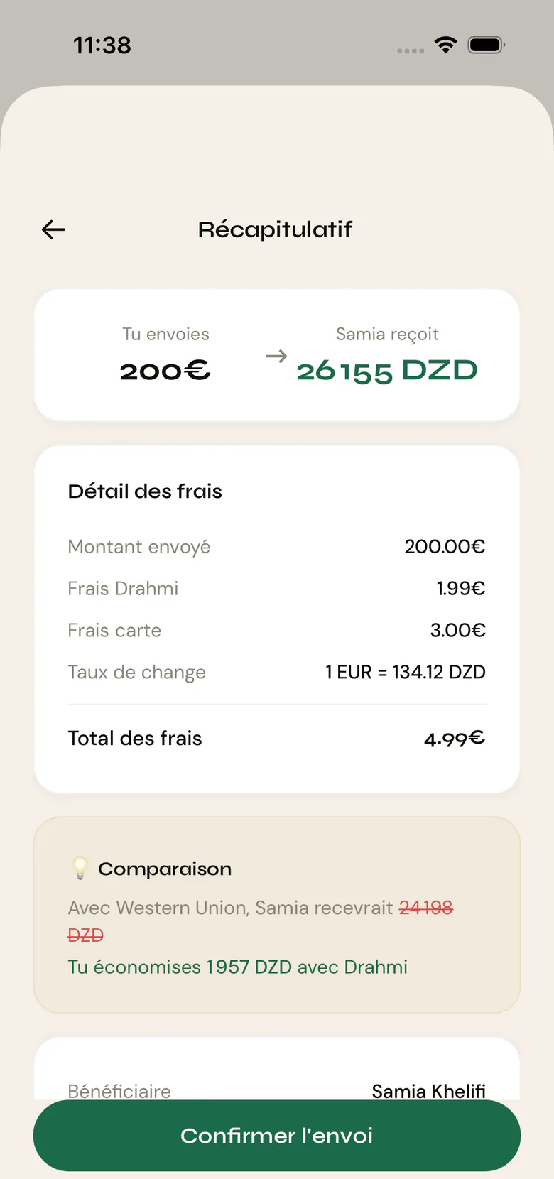 Récapitulatif avec frais transparents et comparaison Western Union