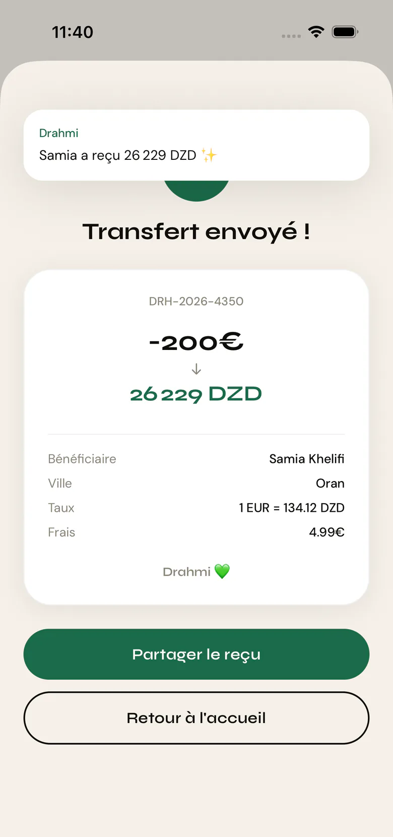 Transfert envoyé avec reçu et notification au bénéficiaire